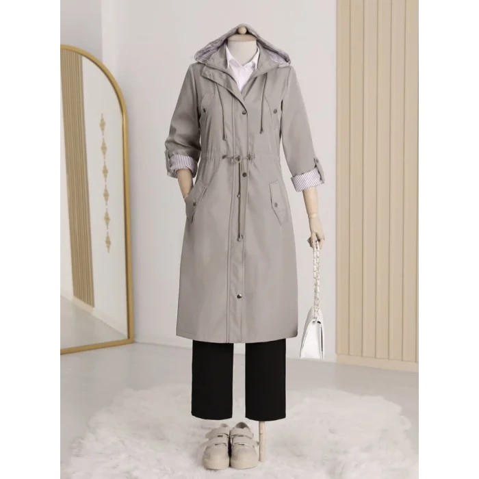 Astarı Çizgili Trençkot  -Gri