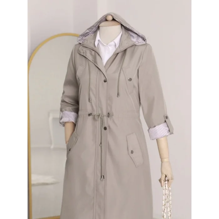 Astarı Çizgili Trençkot  -Gri