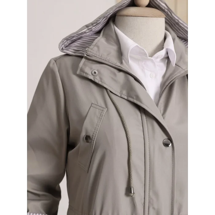 Astarı Çizgili Trençkot  -Gri