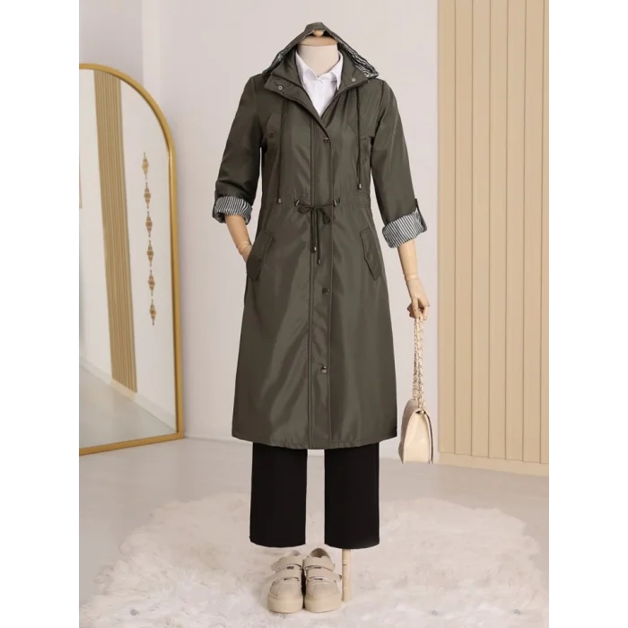 Astarı Çizgili Trençkot    -Haki