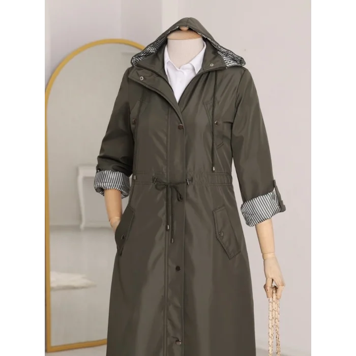 Astarı Çizgili Trençkot    -Haki