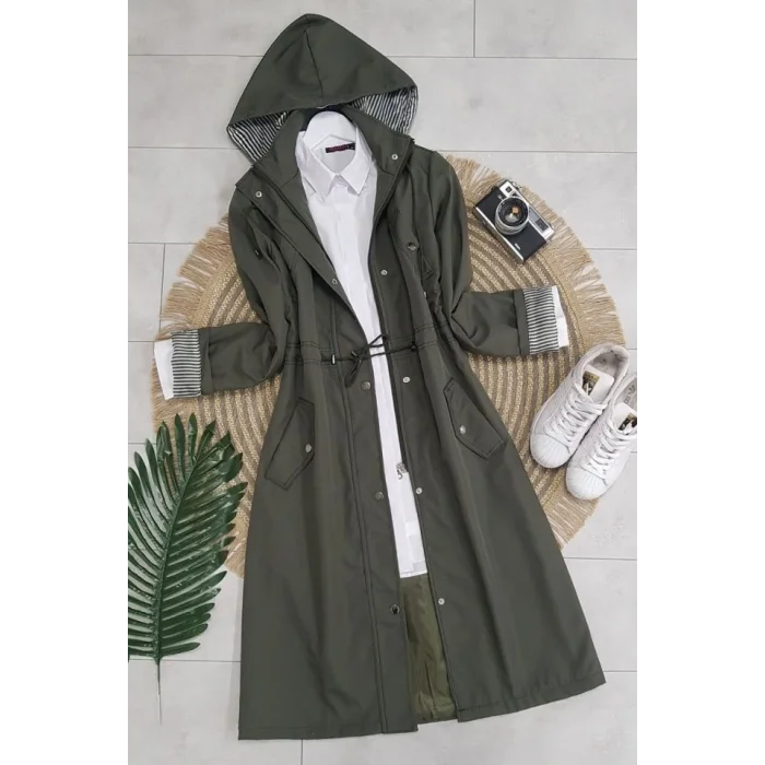 Astarı Çizgili Trençkot    -Haki