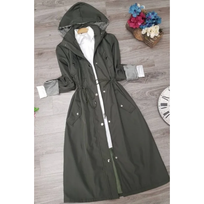 Astarı Çizgili Trençkot    -Haki