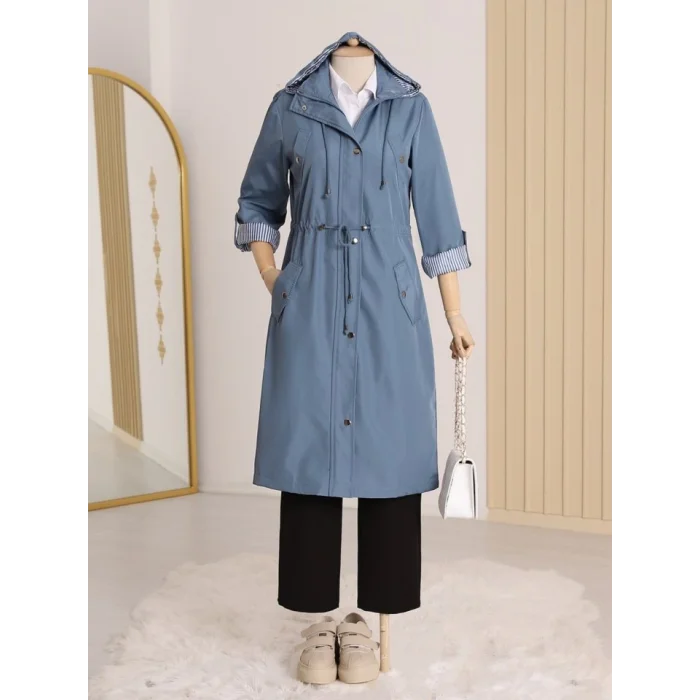 Astarı Çizgili Trençkot      -İndigo