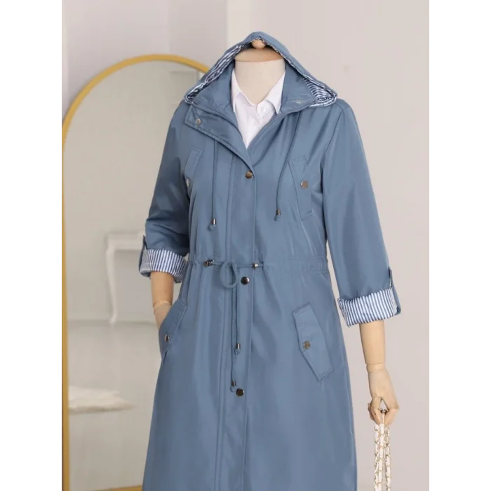 Astarı Çizgili Trençkot      -İndigo