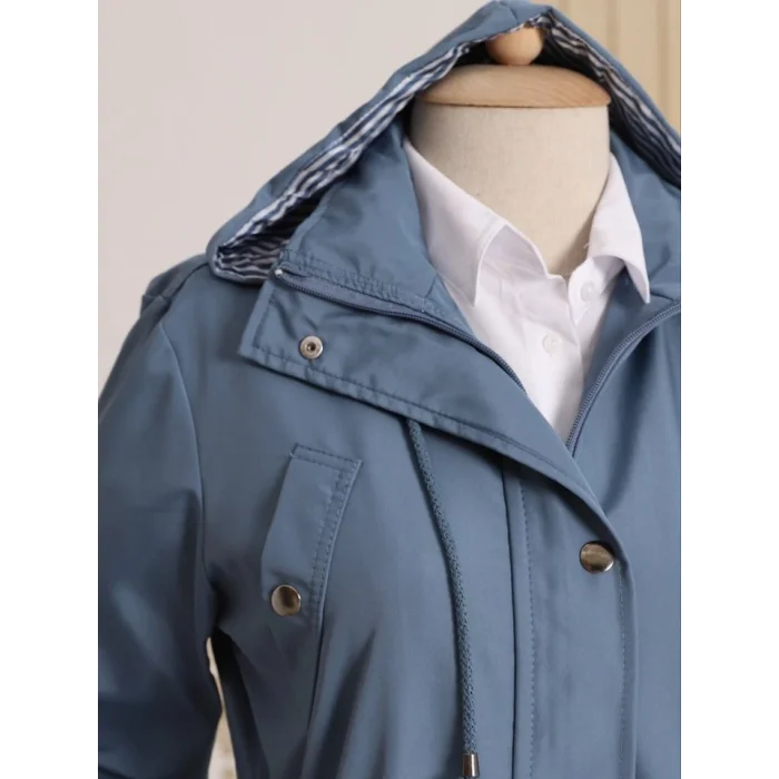 Astarı Çizgili Trençkot      -İndigo