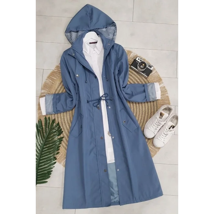 Astarı Çizgili Trençkot      -İndigo