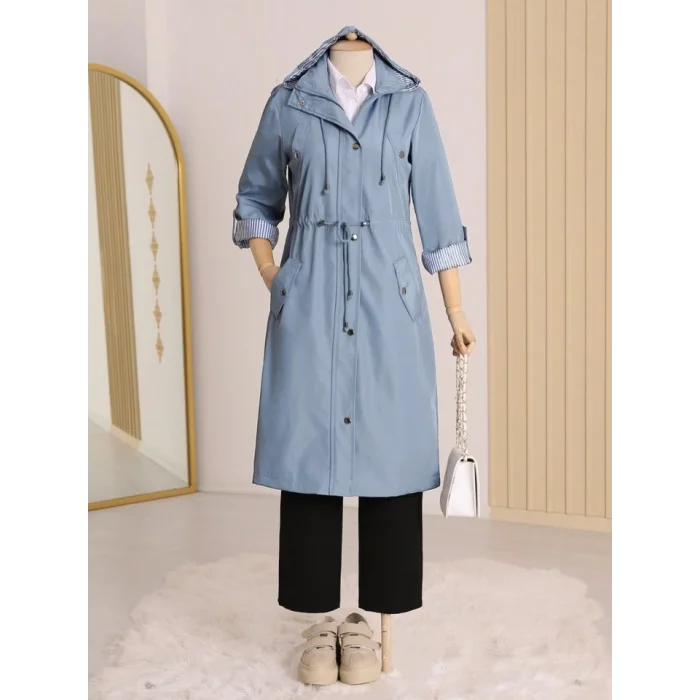 Astarı Çizgili Trençkot     -Mavi