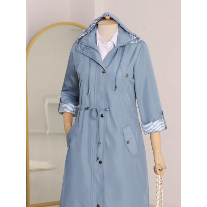 Astarı Çizgili Trençkot     -Mavi