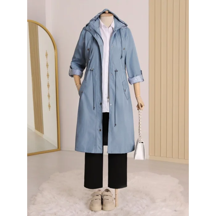 Astarı Çizgili Trençkot     -Mavi