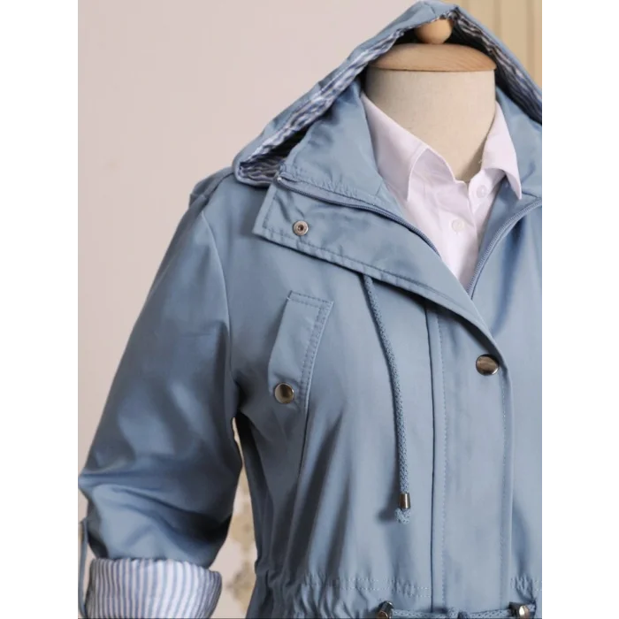 Astarı Çizgili Trençkot     -Mavi