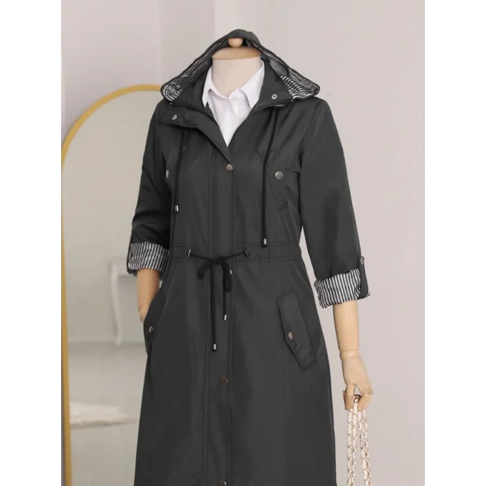 Astarı Çizgili Trençkot    -Siyah