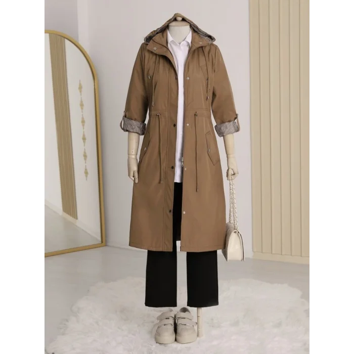 Astarı Çizgili Trençkot        -Taba