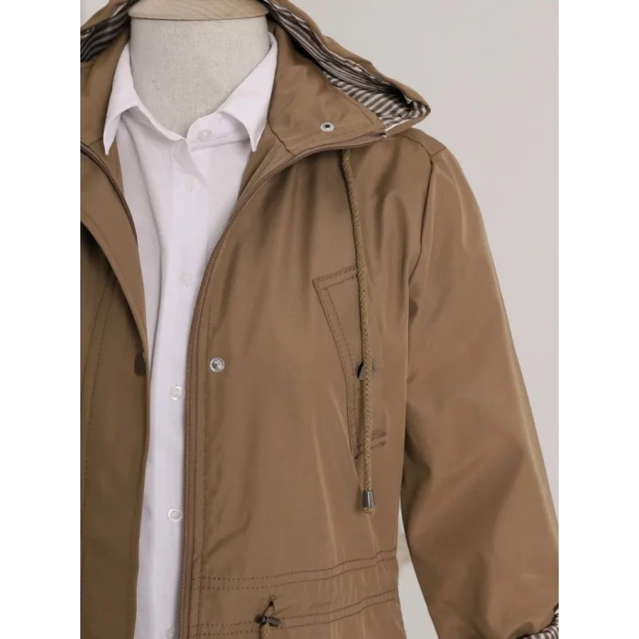 Astarı Çizgili Trençkot        -Taba