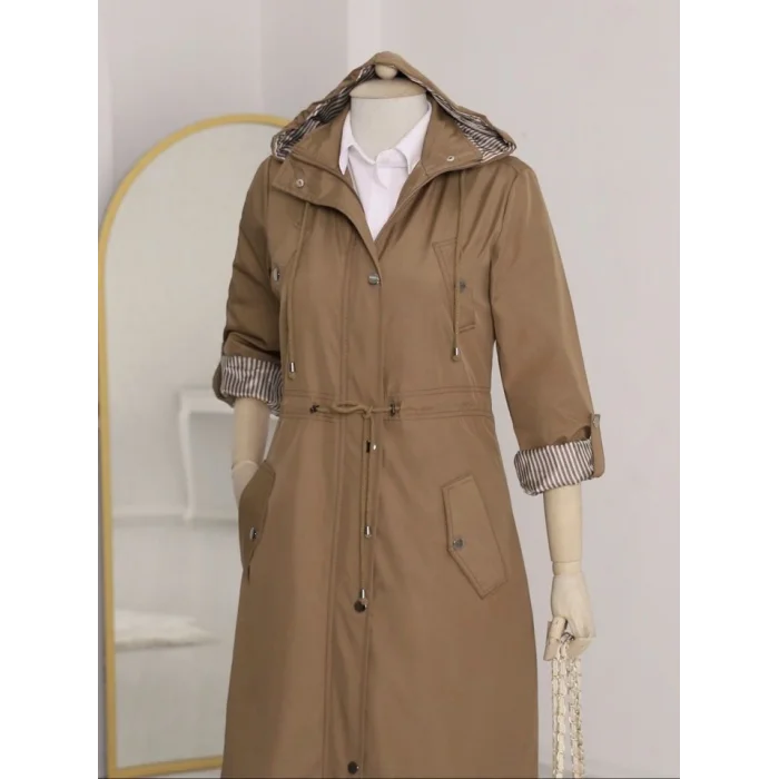 Astarı Çizgili Trençkot        -Taba