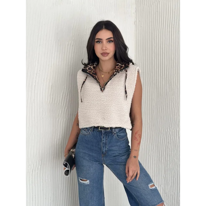 Astarlı kapşonlu kuzu yelek beyaz t1243