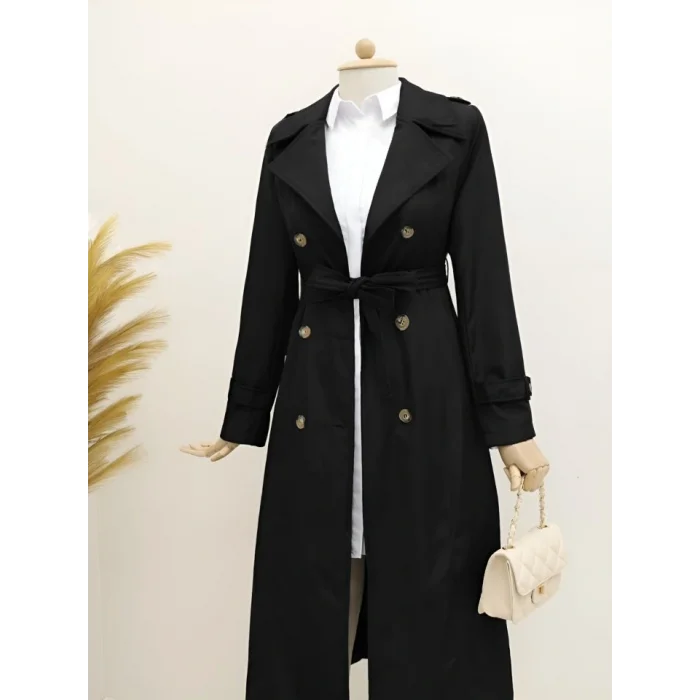 Astarlı Kemerli Trenckot -Siyah