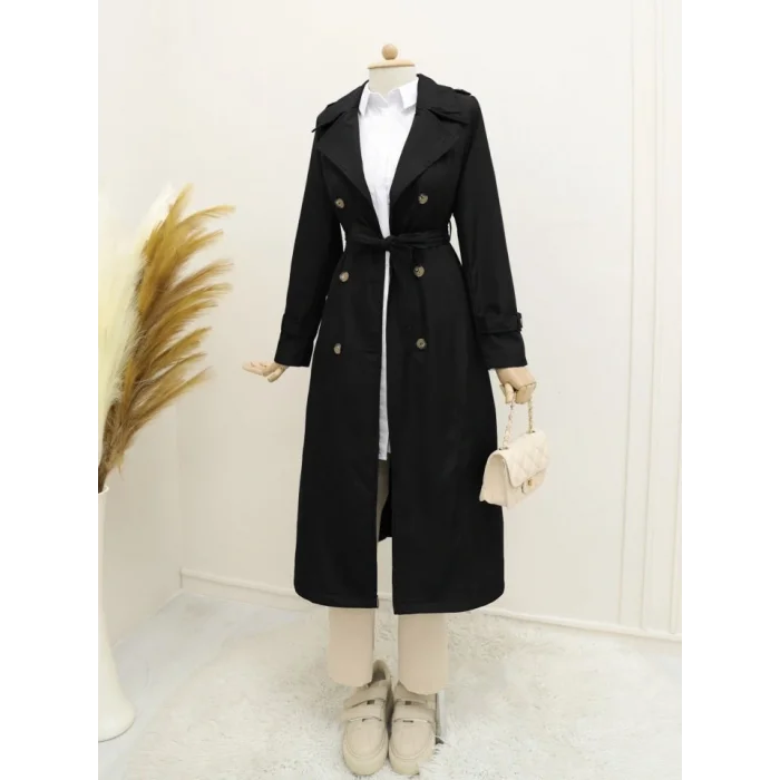 Astarlı Kemerli Trenckot -Siyah