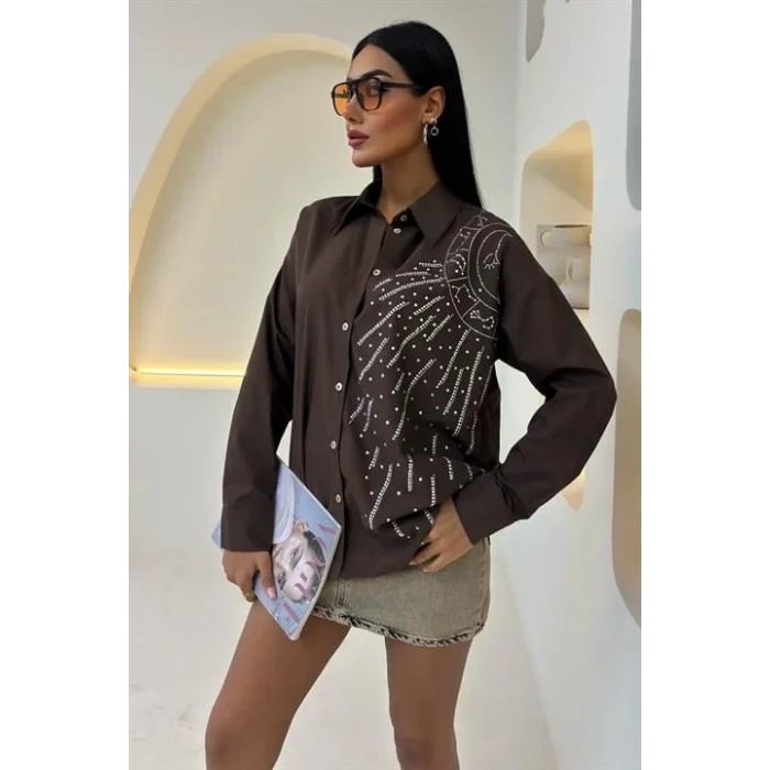 Ay Figürlü Taş İşlemeli Poplin Gömlek 3440