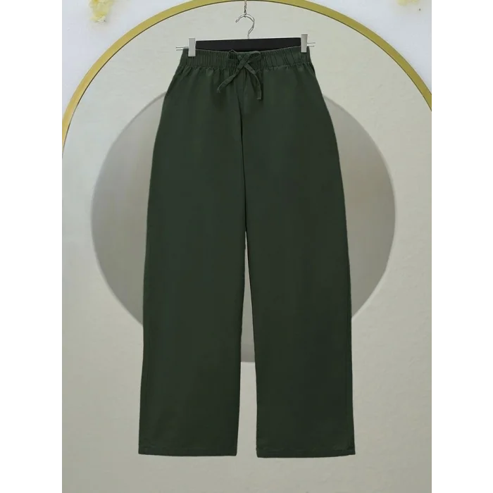 Bağcık Detaylı Bol Paça Beli Lastikli Keten Pantolon -Haki
