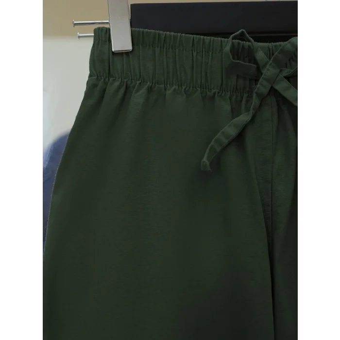 Bağcık Detaylı Bol Paça Beli Lastikli Keten Pantolon -Haki