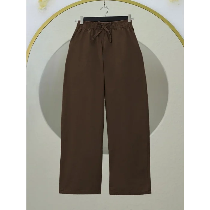 Bağcık Detaylı Bol Paça Beli Lastikli Keten Pantolon -Kahve
