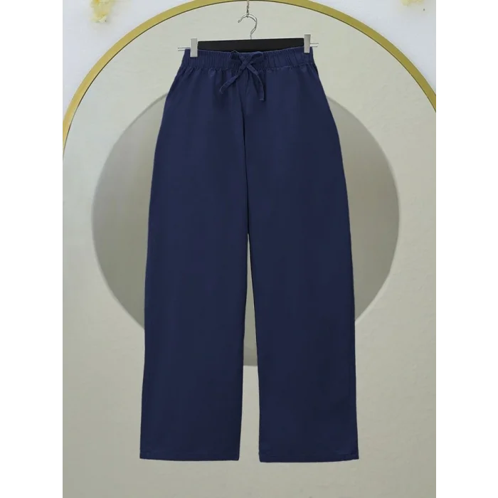 Bağcık Detaylı Bol Paça Beli Lastikli Keten Pantolon -K.Laci