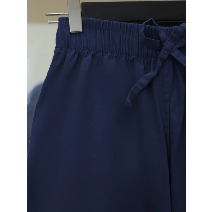 Bağcık Detaylı Bol Paça Beli Lastikli Keten Pantolon -K.Laci