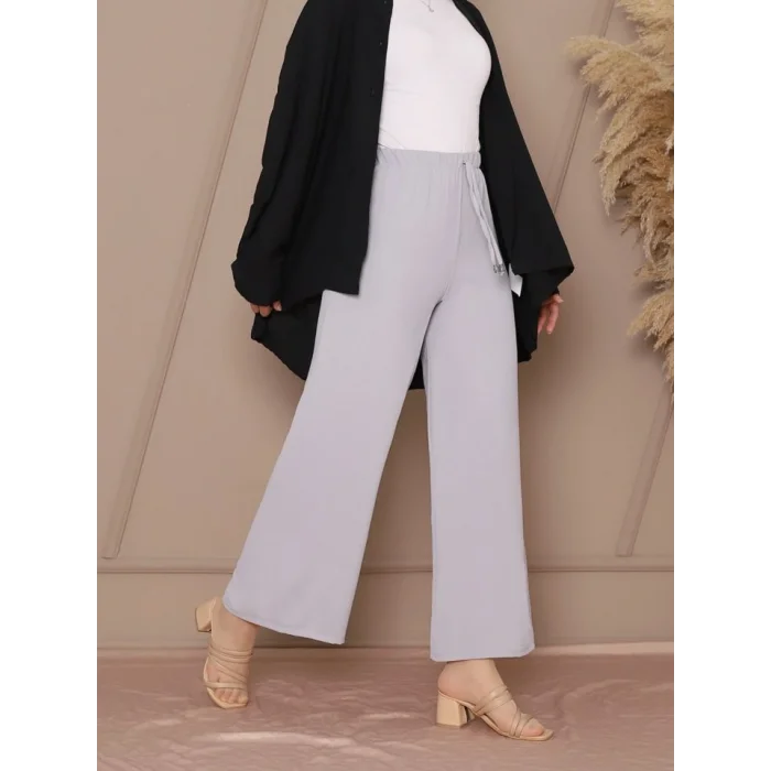 Bağcık Detaylı Bol Paça Beli Lastikli Pantolon -Gri