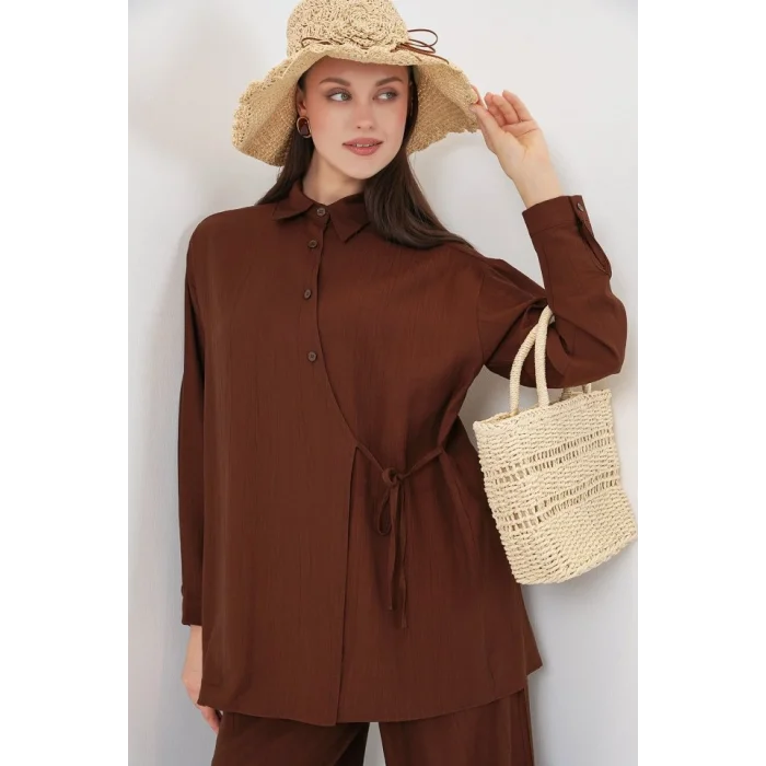 Bağcıklı Tunik Pantolon İkili Takım 6752 - Kahverengi