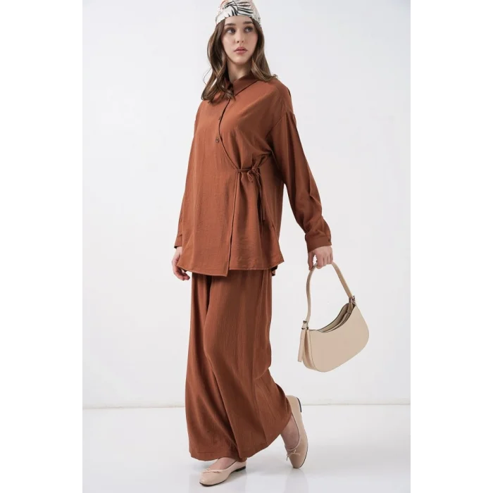 Bağcıklı Tunik Pantolon İkili Takım 6752 - Taba
