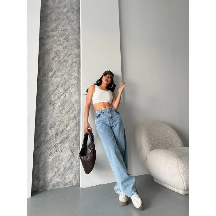 Baggy kar yıkama orta mavi jeans pantolon d2007