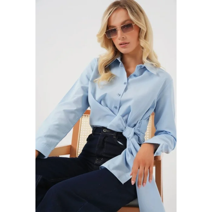 Bağlamalı Uzun Kol Gömlek 20325 - Mavi