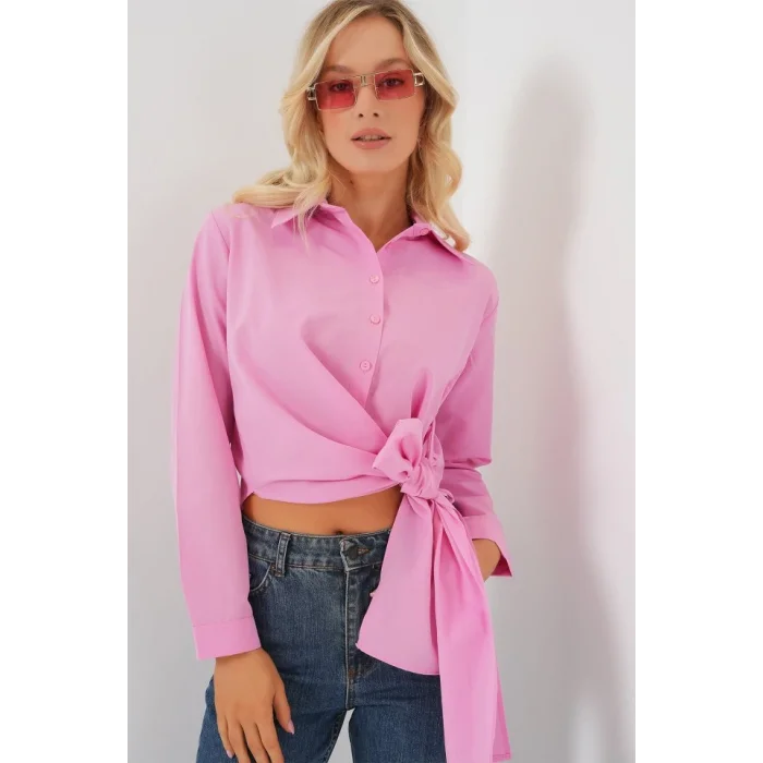 Bağlamalı Uzun Kol Gömlek 20325 - Pembe