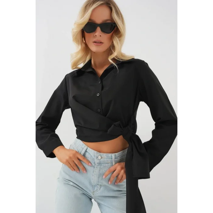 Bağlamalı Uzun Kol Gömlek 20325 - Siyah