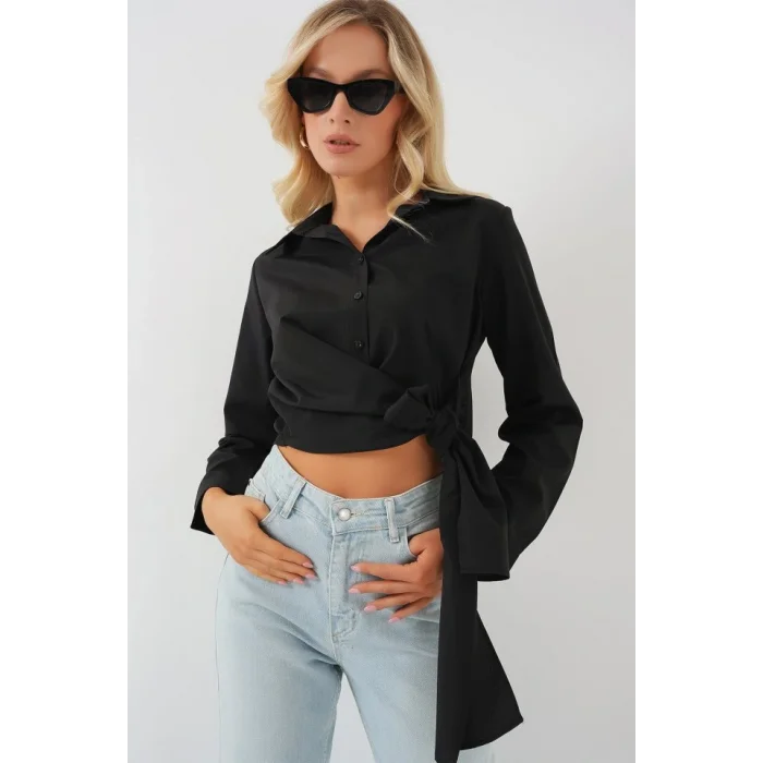 Bağlamalı Uzun Kol Gömlek 20325 - Siyah