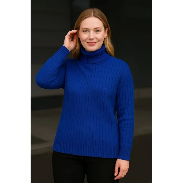 Balıkcı Yaka Bağazlı Triko Kazak Pamuklu Kalın Fitilli Dokuma - Saks Mavisi