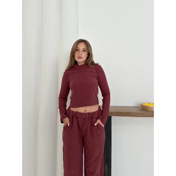 Balıkçı yaka örme takım bordo st265865