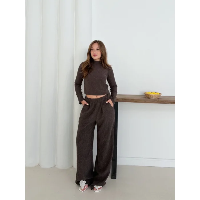 Balıkçı yaka örme takım kahve st265865