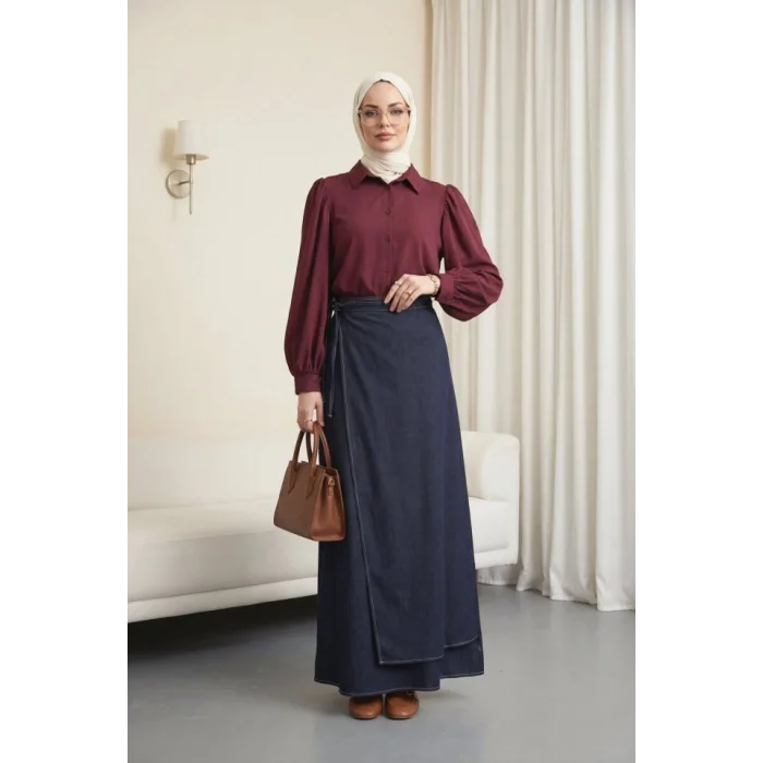 Balon Kol Düğmeli Kısa Poplin Gömlek -Bordo