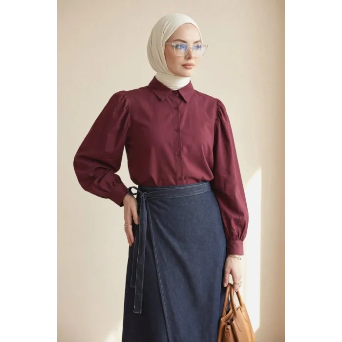 Balon Kol Düğmeli Kısa Poplin Gömlek -Bordo
