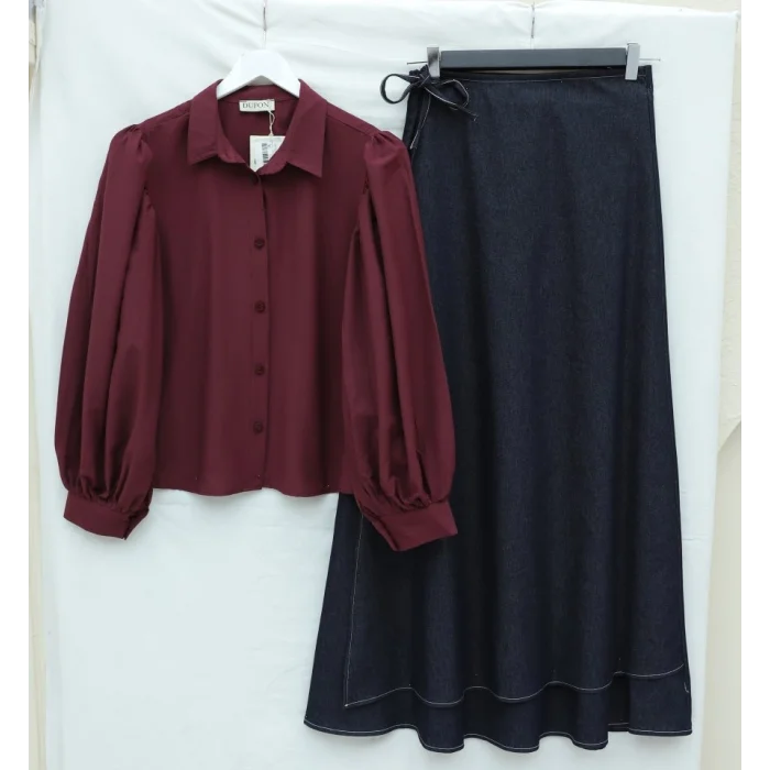 Balon Kol Düğmeli Kısa Poplin Gömlek -Bordo