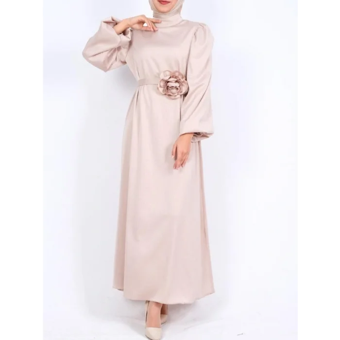 Balon Kol Kemerli Taşlı Saten Elbise  -Bej