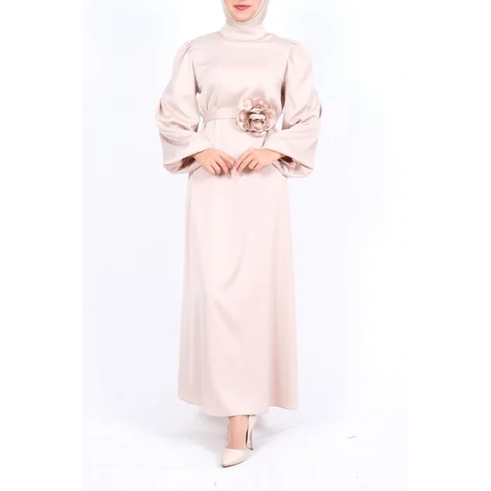 Balon Kol Kemerli Taşlı Saten Elbise  -Bej