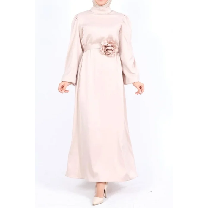 Balon Kol Kemerli Taşlı Saten Elbise  -Bej