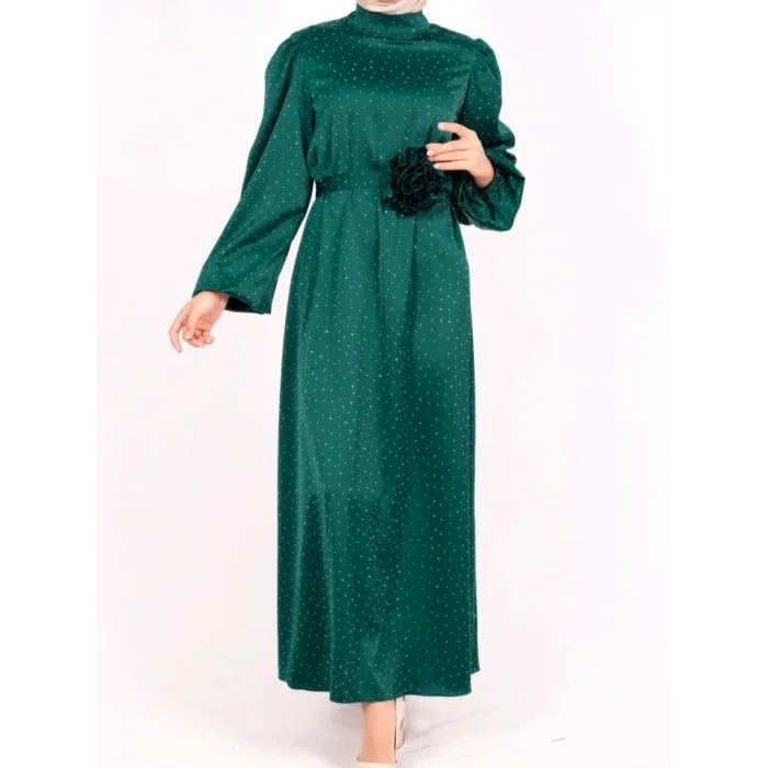 Balon Kol Kemerli Taşlı Saten Elbise  -Zümrüt