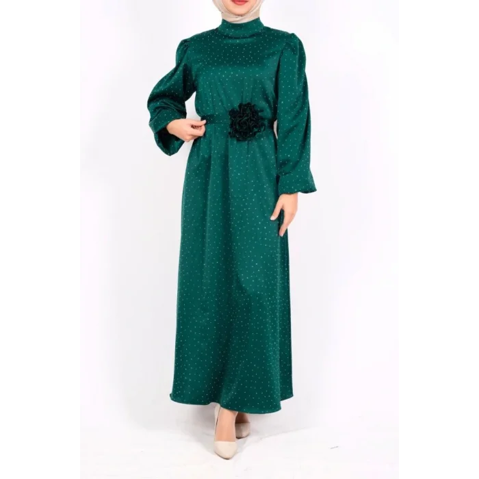 Balon Kol Kemerli Taşlı Saten Elbise  -Zümrüt