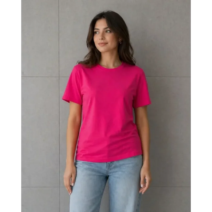 Basic Pamuklu Tişört Bisiklet Yaka Düz Renk Relaxed Fit T-Shirt - Fuşya