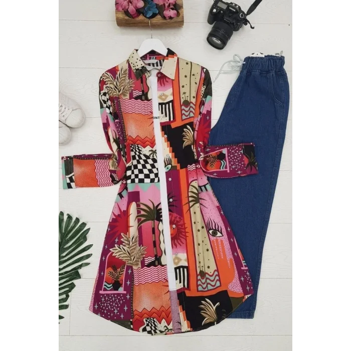 Baskılı Uzun Tunik -Turuncu