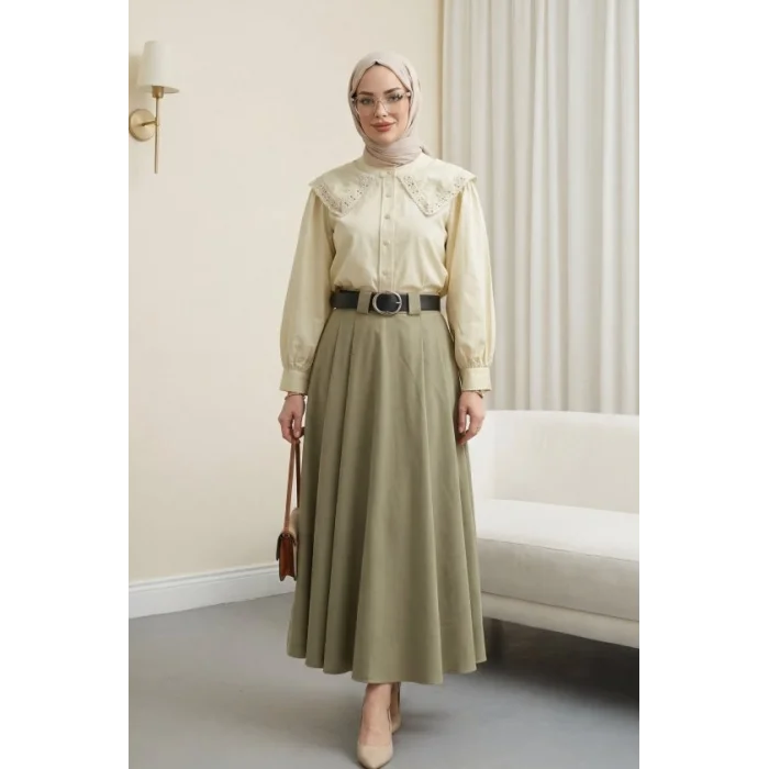 Bebe Yaka Dantel Detaylı Düğmeli Poplin Gömlek -Bej